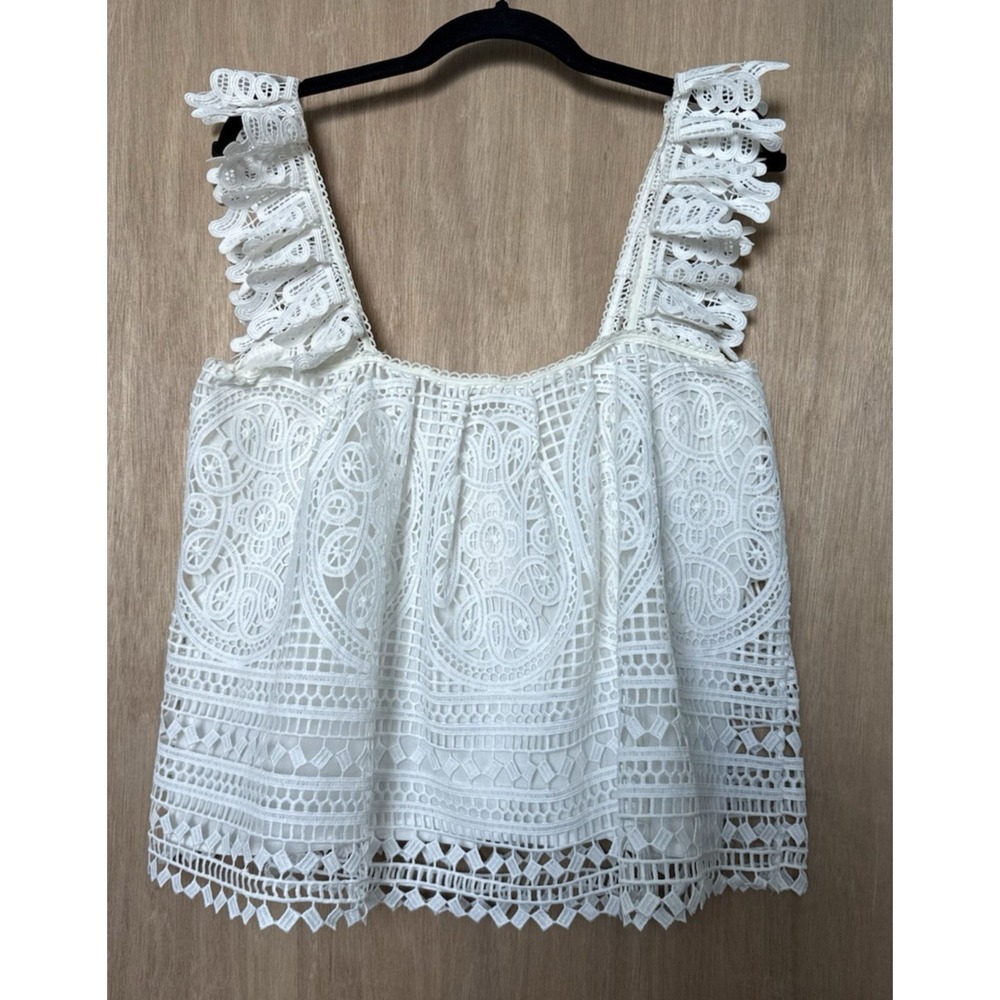 Anthropologie Eri + Ali White Lace Ruffle Strap Tank Top Size M NEW Retail $118